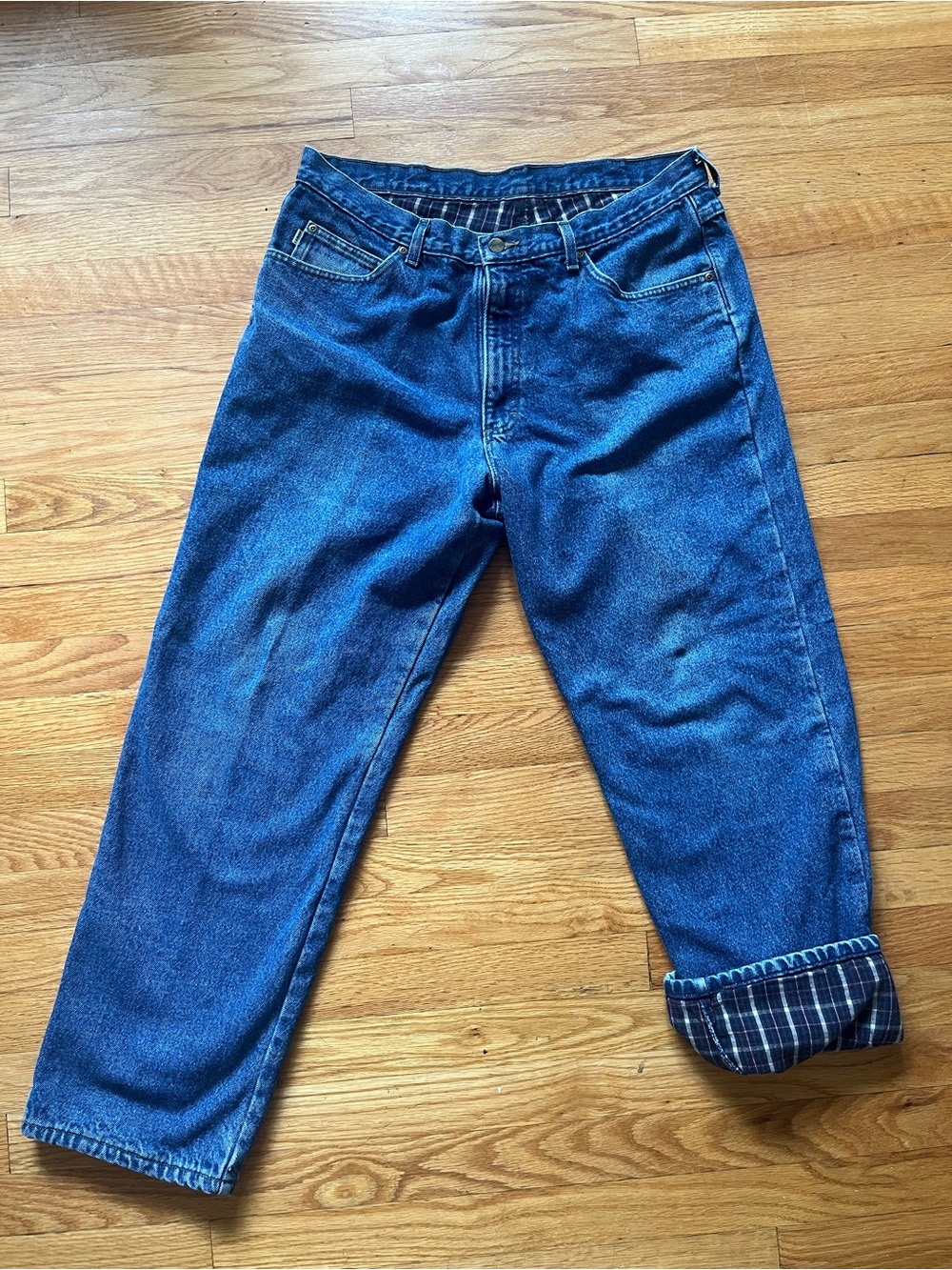 VTG L.L. Bean Double L Natural Fit Flannel Lined Jeans Mens 35x30 Plaid Denim